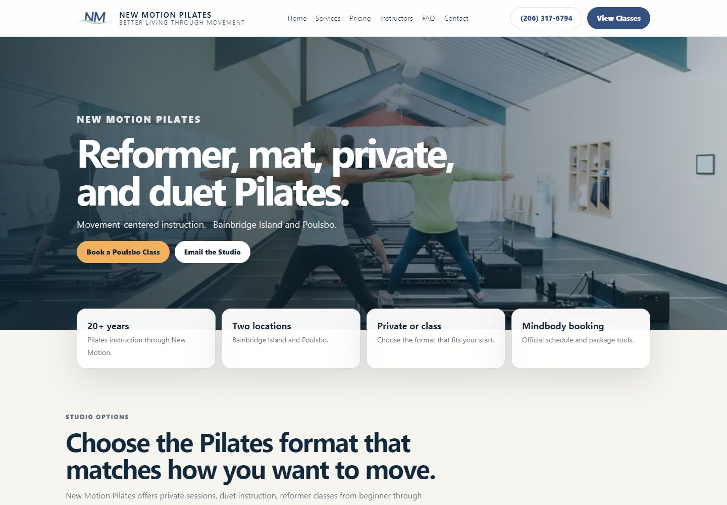 New Motion Pilates website with reformer, mat, private, and duet Pilates services.